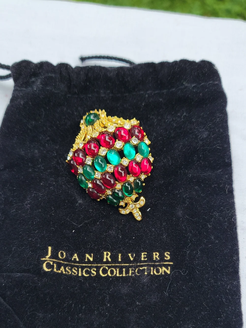Vintage Joan Rivers Multicolor Red & Green Crystal Cluster Brooch in Gold Tone